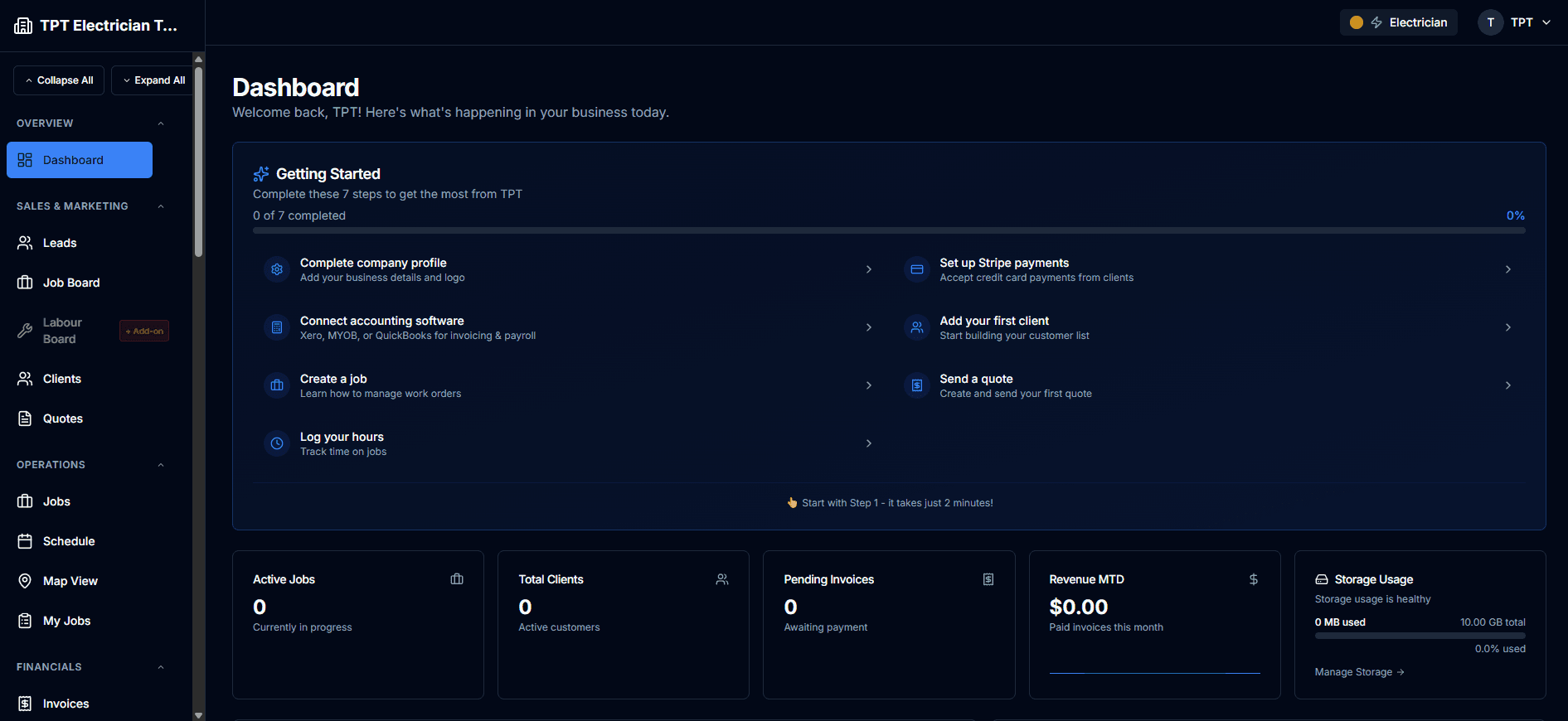 TPT Electrician ERP dashboard